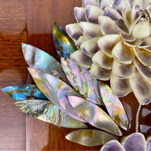 Vintage shell art picture, flowers, floral purple white, mother of pearl, Spain - Picture 7 of 13